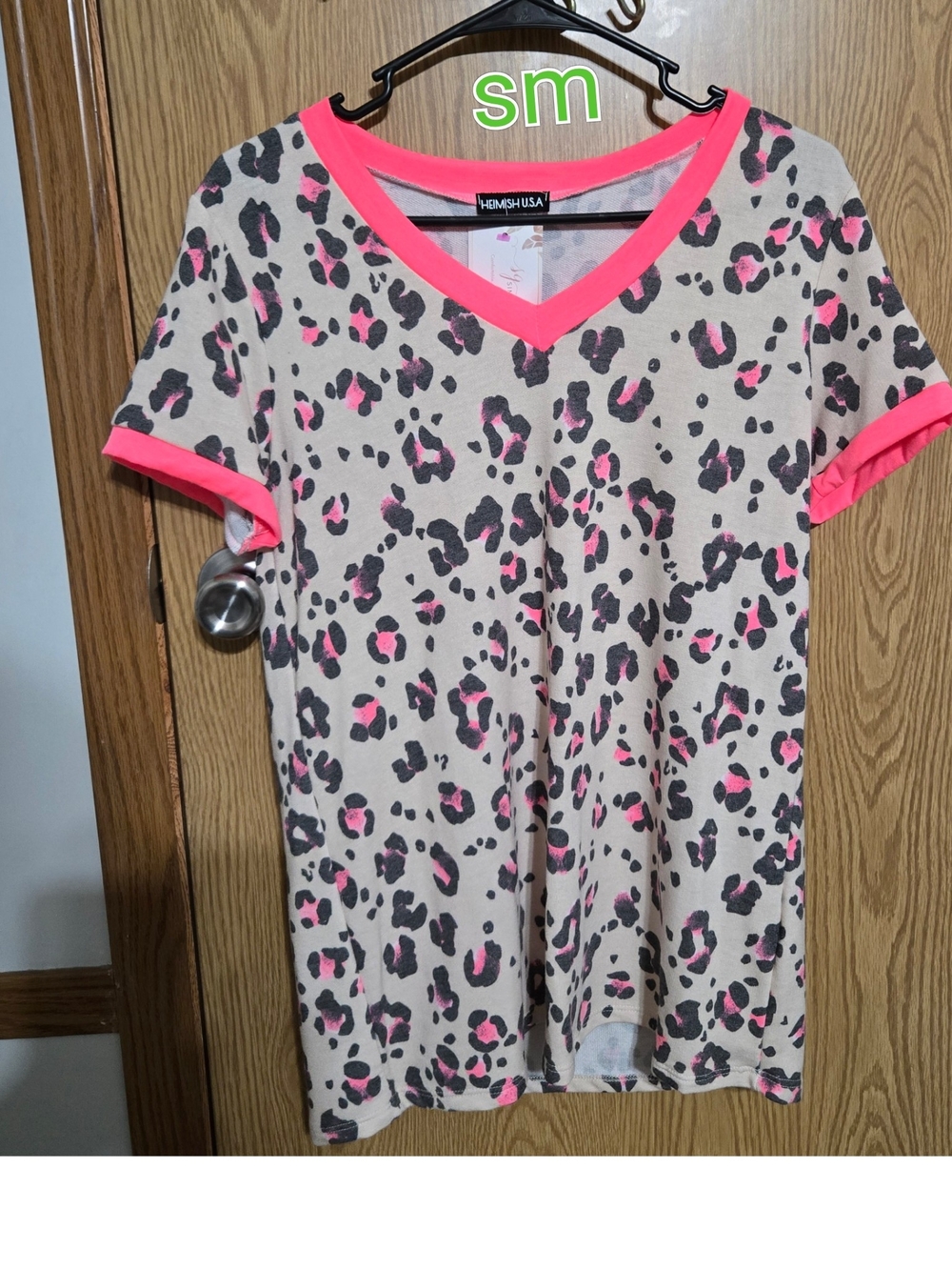 HEIMISH USA Beige Leopard Print V-Neck Top with Neon Pink Trim